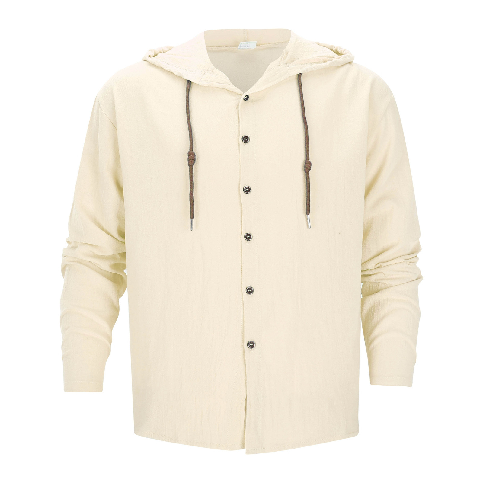 thumbnail image 2 of Camisa de lino con botones y capucha para hombre: manga larga, lengüetas para remangar, botones de madera, ropa de playa/casual, tallas S-XXXL, 2 of 8